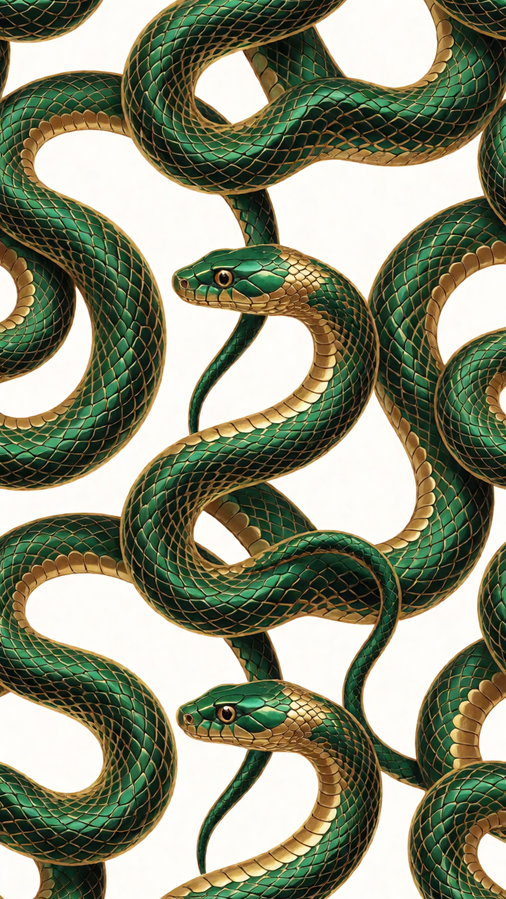 An elegant, mystical pattern of sweeping serpent curves adorned in emerald green and rich gold tones, exuding bold enchantment.