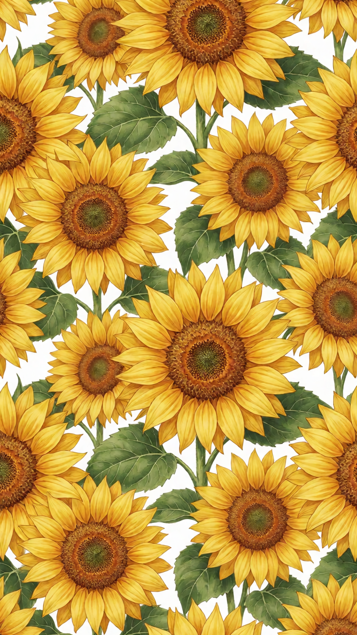 A rustic sunflower motif pattern featuring warm yellows and soft greens, evoking a sunny countryside charm with hand-drawn blooms and leafy vines.