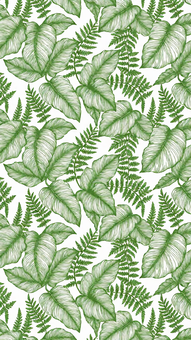 A seamless pattern of stylized leaves and ferns rendered in fresh greens with delicate botanical line art. The design evokes a serene, nature-inspired mood perfect for textiles and surface design.