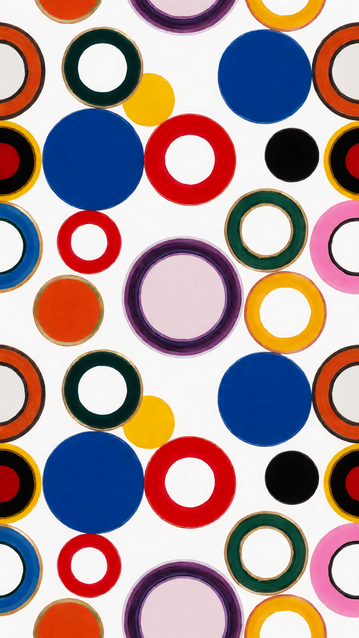 A striking geometric pattern of perfect circles and rings rendered in bold contrast. The modern design exudes precision and minimalist energy.
