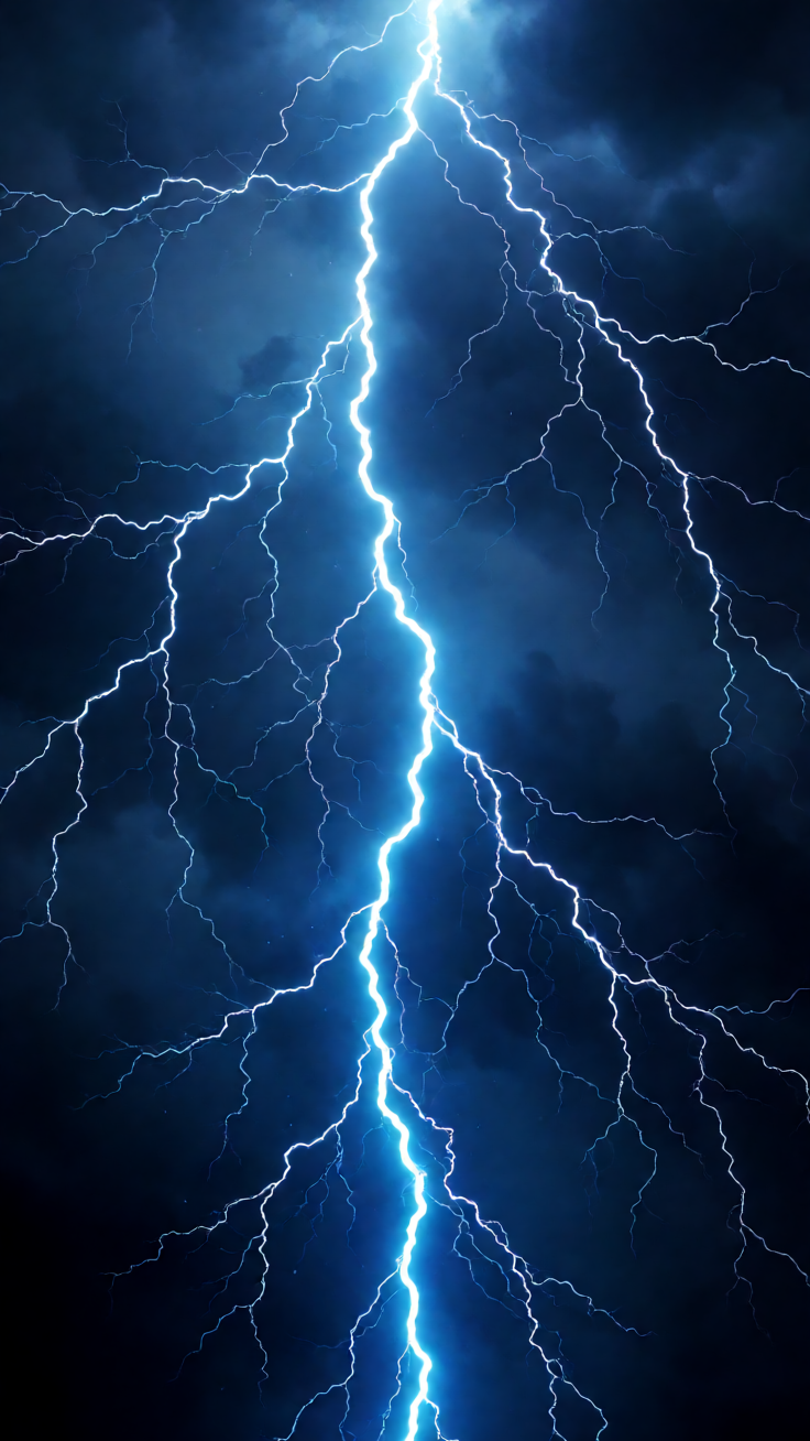A dynamic pattern featuring bold lightning bolts crackling through electric blue skies with vibrant neon highlights. The design captures the raw energy and electrifying mood of an intense thunderstorm.
