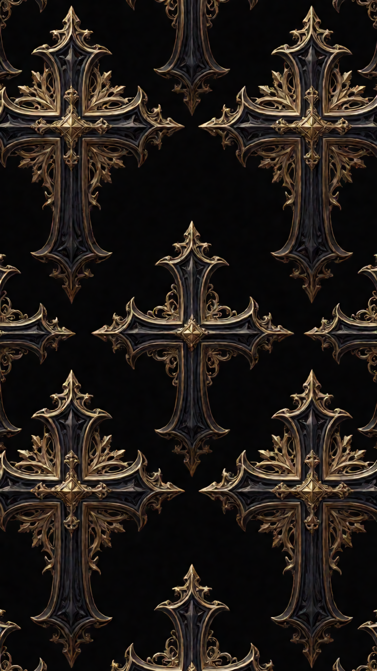 An ornate repeating pattern of gothic crosses rendered in rich gold against a deep dark background, evoking medieval elegance and sacred symmetry.