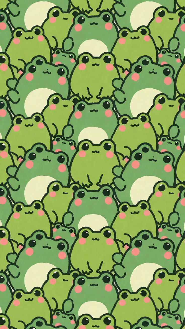 Playful frog motifs in whimsical doodle style with vibrant greens and cheerful energy perfect for kids and nature lovers