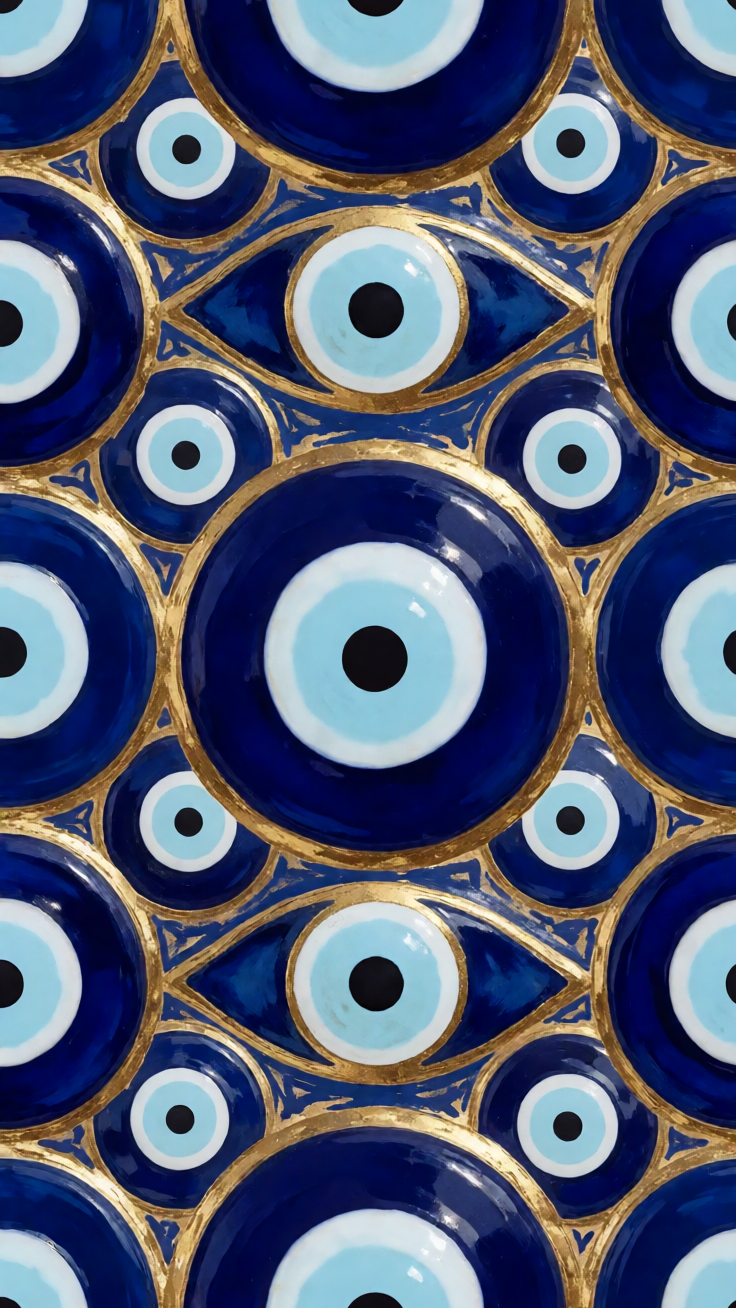A mesmerizing evil eye pattern rendered in deep blues and gleaming gold, evoking ancient protection and mystical warding energy.
